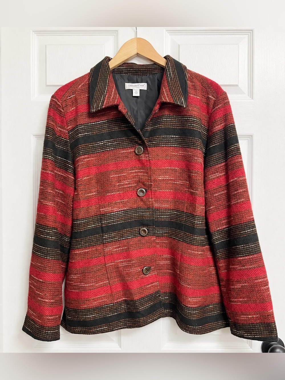 Coldwater Creek XL Red Black Striped Textured Jacket Blazer Boho Fall